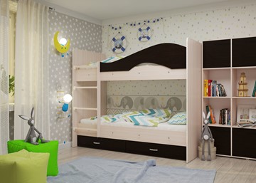 Детская  двухъярусная кровать Мая с 2 ящиками на щитах, корпус Млечный дуб, фасад Венге в Челябинске - предосмотр 1