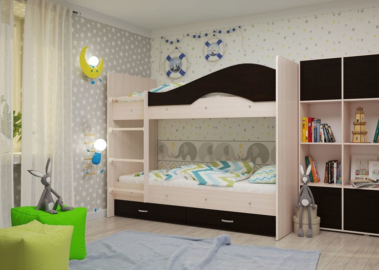 Детская  двухъярусная кровать Мая с 2 ящиками на щитах, корпус Млечный дуб, фасад Венге в Златоусте - изображение 1