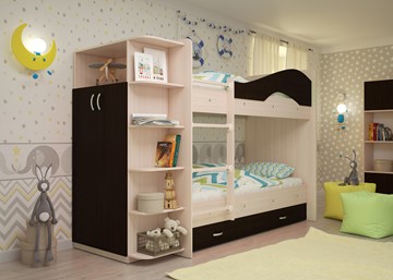 Детская  двухъярусная кровать Мая с 2 ящиками на щитах, корпус Млечный дуб, фасад Венге в Копейске - предосмотр 2