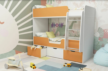 Детская двухъярусная кровать Малыш двойняшка 70х160, корпус Белое дерево, фасад Оранжевый в Миассе