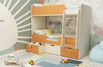 Детская двухэтажная кровать Малыш двойняшка 70х160, корпус Дуб молочный, фасад Оранжевый в Челябинске - предосмотр