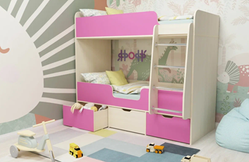 Детская двухэтажная кровать Малыш двойняшка 70х160, корпус Дуб молочный, фасад Розовый в Челябинске - предосмотр