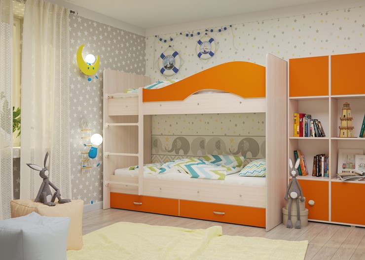 Детская 2-ярусная кровать Мая на щитах, корпус Млечный дуб, фасад Оранжевый в Челябинске - изображение 1