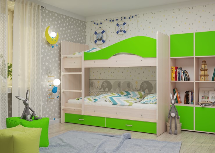 Детская двухэтажная кровать Мая на щитах, корпус Млечный дуб, фасад Салатовый в Златоусте - изображение 2