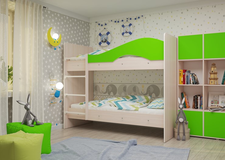 Детская двухэтажная кровать Мая на щитах, корпус Млечный дуб, фасад Салатовый в Миассе - изображение 1