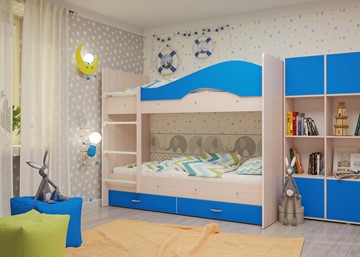 Двухэтажная детская кровать Мая на щитах со шкафом и ящиками, корпус Млечный дуб, фасад Синий в Копейске - предосмотр 2