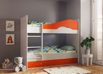 Детская 2-ярусная кровать Мая с 2 ящиками на щитах, корпус Млечный дуб, фасад Оранжевый в Златоусте