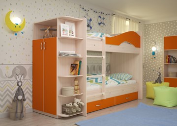Детская 2-ярусная кровать Мая с 2 ящиками на щитах, корпус Млечный дуб, фасад Оранжевый в Златоусте - предосмотр 1