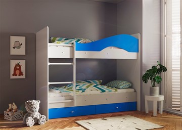 Двухъярусная кровать Мая с 2 ящиками на щитах, корпус Млечный дуб, фасад Синий в Златоусте