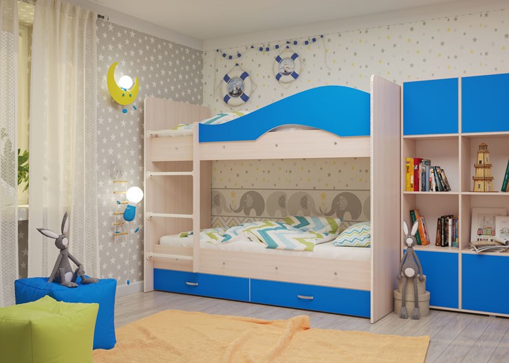 Двухъярусная кровать Мая с 2 ящиками на щитах, корпус Млечный дуб, фасад Синий в Копейске - изображение 3