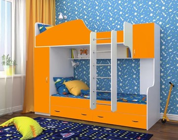 Детская 2-ярусная кровать Юниор-2, каркас Белое дерево, фасад Оранжевый в Миассе - предосмотр