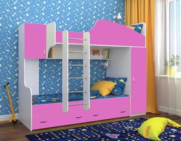 Детская кровать-шкаф Юниор-2, каркас Белое дерево, фасад Розовый в Магнитогорске