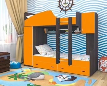 Двухэтажная детская кровать Юниор-2, каркас Ясень анкор темный, фасад Оранжевый в Миассе - предосмотр