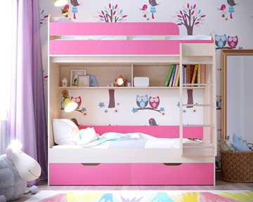 Детская двухъярусная кровать Ярофф Юниор-5, каркас Дуб, фасад Розовый в Златоусте