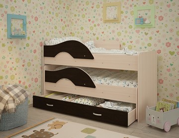 Детская 2-этажная кровать Радуга 1.6 с ящиком, корпус Млечный дуб, фасад Венге в Челябинске - предосмотр