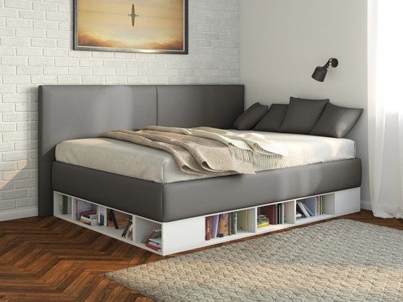 Кровать подростковая Lancaster 1, 120х200, ЛДСП белая, экокожа серая в Миассе - изображение