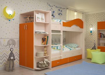 Детская 2-х ярусная кровать Мая на щитах со шкафом и ящиками, корпус Млечный дуб, фасад Оранжевый в Миассе - предосмотр