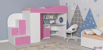 Детская кровать-чердак Кадет-1, корпус Белое дерево, фасад Розовый в Златоусте