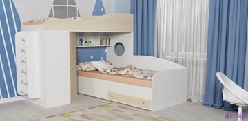 Детская кровать-шкаф Кадет-2 с металлической лестницей, корпус Белое дерево, фасад Дуб в Миассе