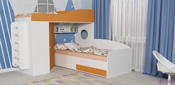 Детская кровать-шкаф Кадет-2 с металлической лестницей, корпус Белое дерево, фасад Оранжевый в Магнитогорске