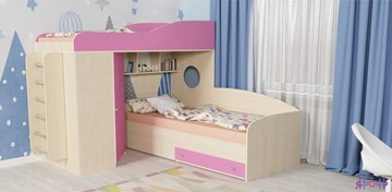 Детская кровать-чердак Кадет-2 с металлической лестницей, корпус Дуб, фасад Розовый в Челябинске - предосмотр