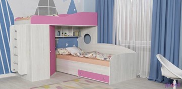 Детская кровать-чердак Кадет-2 с металлической лестницей, корпус Винтерберг, фасад Розовый в Челябинске - предосмотр