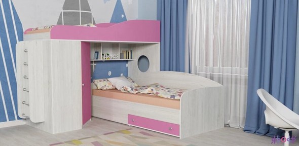Детская кровать-чердак Кадет-2 с металлической лестницей, корпус Винтерберг, фасад Розовый в Челябинске - изображение