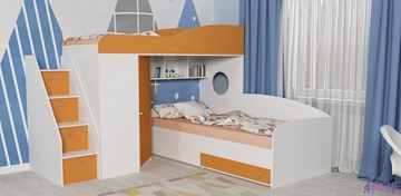 Детская кровать-шкаф Кадет-2 с универсальной лестницей, корпус Белое дерево, фасад Оранжевый в Магнитогорске