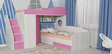 Детская кровать-шкаф Кадет-2 с универсальной лестницей, корпус Винтерберг, фасад Розовый в Челябинске