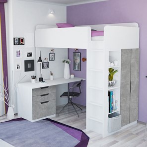 Кровать 2-х ярусная с письменным столом и шкафом POLINI Kids Simple Белый / Бетон в Копейске - предосмотр 1