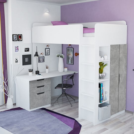 Кровать 2-х ярусная с письменным столом и шкафом POLINI Kids Simple Белый / Бетон в Копейске - изображение 1