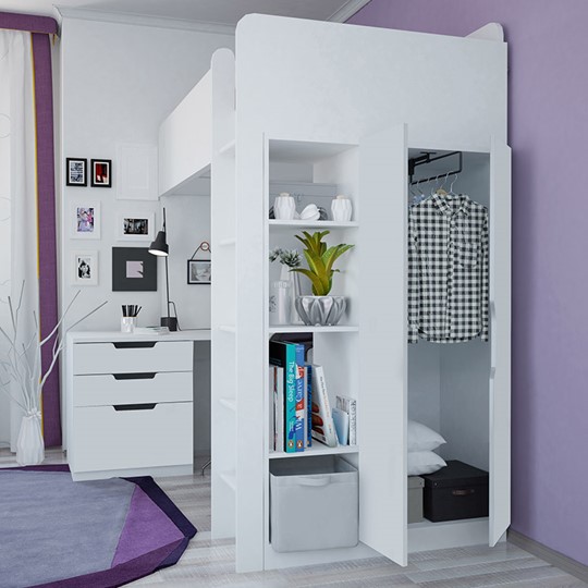 Кровать 2-х ярусная с письменным столом и шкафом POLINI Kids Simple Белый в Копейске - изображение 3