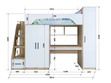 Детская кровать-чердак с шкафом Тея, каркас Винтерберг, фасад Зира в Миассе - предосмотр 1