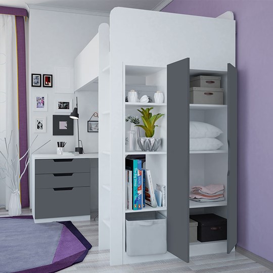 Кровать детская с письменным столом и шкафом POLINI Kids Simple Белый / Серый в Копейске - изображение 1
