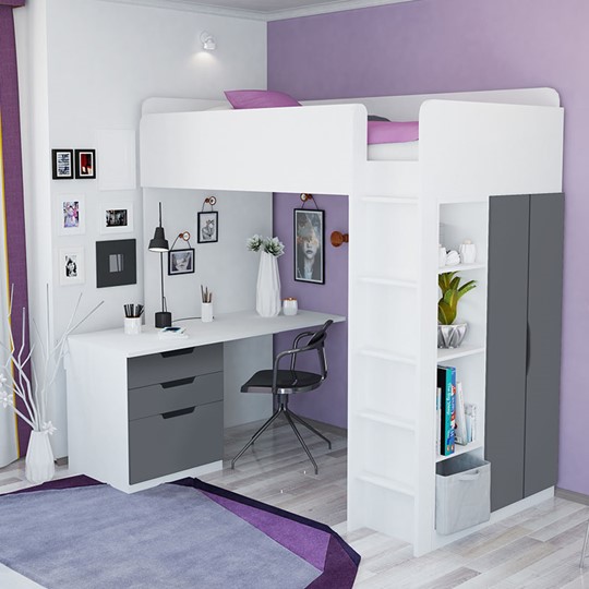 Кровать детская с письменным столом и шкафом POLINI Kids Simple Белый / Серый в Миассе - изображение 3