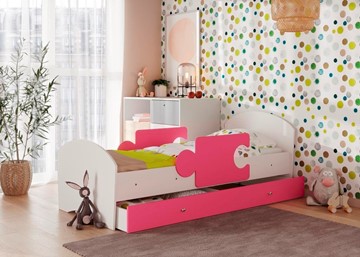 Кровать детская с бортиками и ящиком Мозайка, корпус Белый/фасад Розовый (ламели) в Златоусте