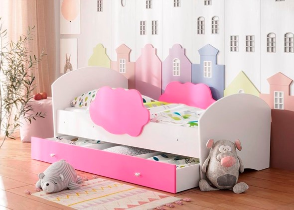 Детская кровать Тучка с ящиком, корпус Белый, фасад Розовый в Челябинске - изображение