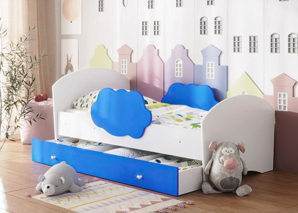 Кровать детская Тучка с ящиком, корпус Белый, фасад Синий в Челябинске - изображение
