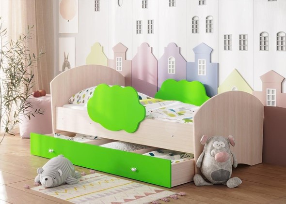Детская кровать с бортиками Тучка с ящиком, корпус Дуб млечный, фасад Лайм в Челябинске - изображение