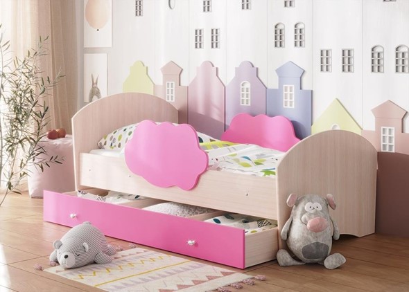 Детская кровать Тучка с ящиком, корпус Дуб млечный, фасад Розовый в Копейске - изображение