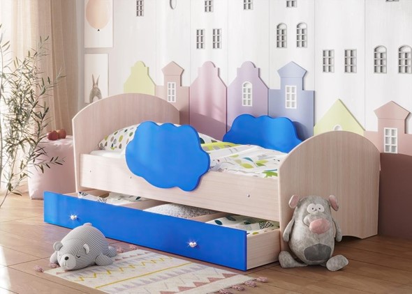 Кровать детская Тучка с ящиком, корпус Дуб млечный, фасад Синий в Челябинске - изображение