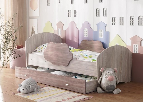 Детская кровать Тучка с ящиком, корпус Ясень Шимо светлый, фасад Ясень Шимо темный в Миассе - изображение