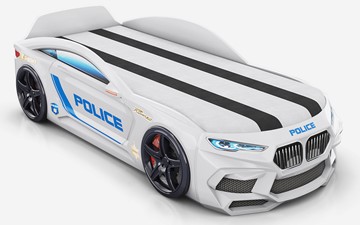 Кровать-машина детская Romeo-М Police + подсветка фар, ящик, матрас, Белый в Миассе