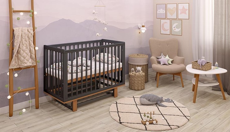 Кровать для новорожденных серия 3400 POLINI Kids Simple 340 с маятником Графит/Дуб каменный в Копейске - изображение 1