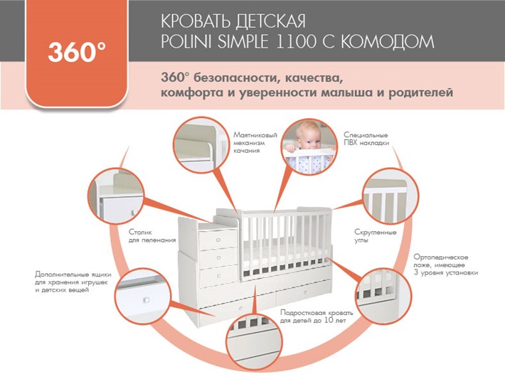 Кровать для новорожденных с комодом POLINI Kids Simple 1100 Слоновая кость в Челябинске - изображение 4
