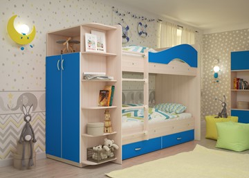 Двухэтажная детская кровать Мая на щитах со шкафом и ящиками, корпус Млечный дуб, фасад Синий в Копейске