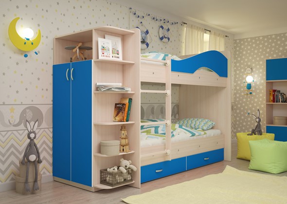 Двухэтажная детская кровать Мая на щитах со шкафом и ящиками, корпус Млечный дуб, фасад Синий в Челябинске - изображение