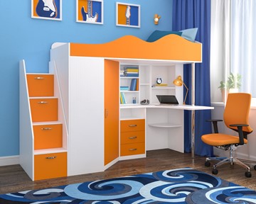 Детская кровать-шкаф Пионер-1, каркас Белое дерево, фасад Оранжевый в Миассе