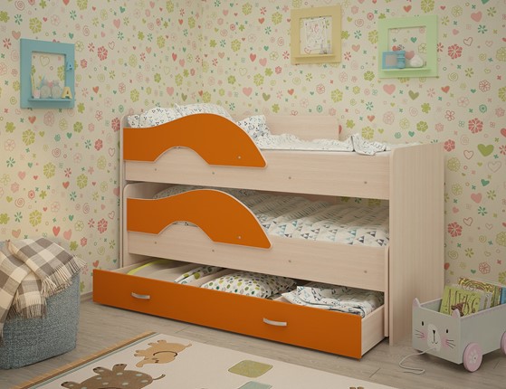 Двухъярусная кровать Радуга 1.6 с ящиком, корпус Млечный дуб, фасад Оранжевый в Миассе - изображение