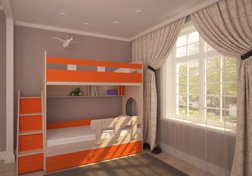 Кровать 2-ярусная Юниор-1 с бортом, каркас Дуб, фасад Оранжевый в Магнитогорске
